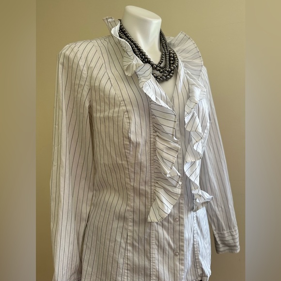 Loft Ann Taylor White With White & Black Stripes Button Down ruffle Blou… - Picture 4 of 12